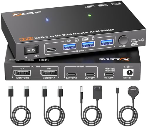 USB C KVM Switch 2 Laptop 2 Monitor 4K@60Hz, Displayport Dual Monitor KVM Switch 2 bärbara datorer delar 2 skärmar och 4 USB 3.2 Portar, PD 100 W, Kabelfjärrkontroll, USBC kablar och 12 V nätadapter
