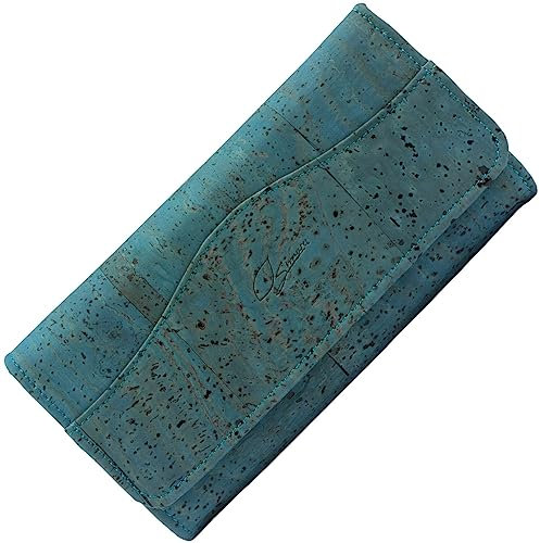 Simaru Große Damen Geldbörse aus Kork, Einer veganen und nachhaltigen Leder Alternative – Kork Portemonnaie, Geldbeutel mit Vielen Fächer in fünf verscheiden Farben (türkis)