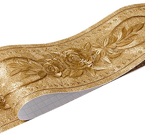 REDODECO 3D Flower Pattern Molding Peel Stick Wall Border for Home Decor Bathroom Kitchen,4 inch by 16.4 feet(Gold)