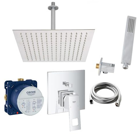 vanvilla Duschset mit Unterputz Armatur Grohe Eurocube Einhebelmischer und vanvilla Regenduschkopf eckig mit Deckenauslass, Dusch-SET G17 poliert