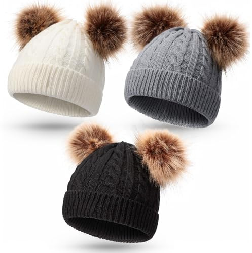 Geyoga Kids Toddler Winter Pompom Hat Baby Knitted Beanie Hat Faux Fur Pom Beanie Cap for Girls Boys 1-3 Years Old(Gray,White,Black,M)