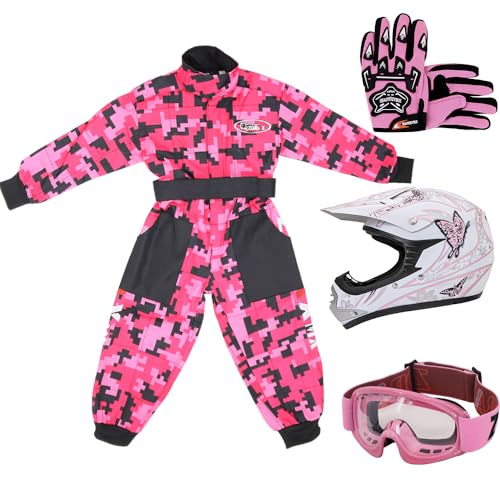 Zorax XXL(12-13 Years) Kids CAMO Suit & Gloves XL(8cm) & Goggles & ZOR-X18 Butterfly XL (55-56cm) Kids Children Motocross Motorbike Helmet Motorcycle Clothing Suit Set ECE2206
