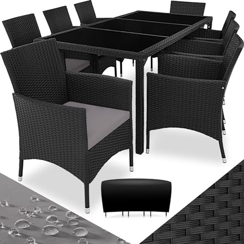 tectake® Stor Matgrupp 8 Stolar i Rotting, 1 Rottingbord 8 Rottingstolar, Utemöbler i UV-beständig Konstrotting, Sittgrupp med Kraftig Stålram, Utebord med Tonat Säkerhetsglas - Svart/Grå