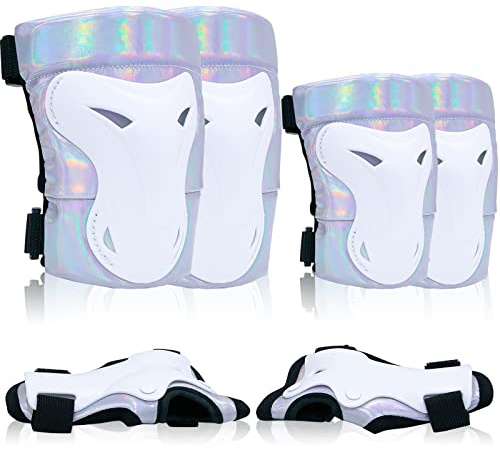 Bienbee Knee Pads for Women, Knee Pads Wrist Guard Knee and Elbow Pads Adult Protective Gear Set for Skateboard, Roller Skating, for Women Men Youth Adult Kids,Laser Silver M