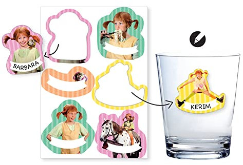 Pippi Langstrumpf-Aufkleber mit Namensfeld 6 Stück Gläsersticker // Kindergeburtstag Pippi Langsrumpf Partyzubehör // Gläsersticker Pippi Langstrumpf