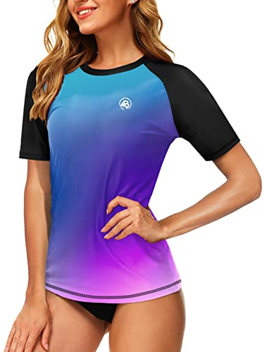 AOBUTE Short Sleeve Rash Guard Womens Gradient UPF 50+ Uv Protective Summer Beach Surf Swim Tops XL