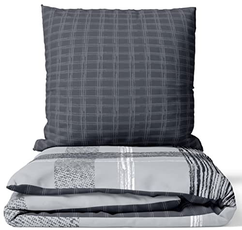 Leonado Vicenti Bettwäsche Baumwolle Grau Gestreift Set Schlafzimmer Garnitur Wendebettwäsche Streifen Bezug Decke mit Reißverschluss, 4teilig, 135x200 cm