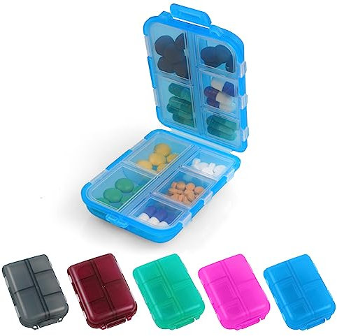 ACWOO Pastillero Caja, Caja de Pastillas con 10 Compartimentos, Pastillero Portátiles de Viaje, Pastillero Diario Bolsillo, Pastillero Semanal, Para Medicamentos y Vitaminas (Azul)