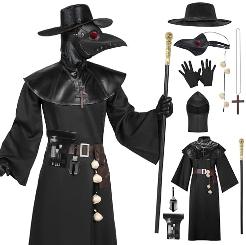 Spooktacular Creations Men Plague Doctor Black Costume Set with Hat, Mask, Shawl, Robe, Gloves, Belt, Garlic, Scepter (Large)