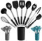 Joyfair Kitchen Utensils Set, 10 Pcs Silicone Cooking Utensils Set with Stainless Steel Handle, Heat Resistant Cooking Tools Spatula Turner Spoon with Holder, Dishwasher Safe & Non Scratch, Black