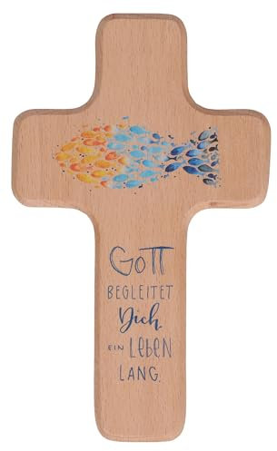 Kinderholzkreuz - Gott begleitet dich ein Leben lang. Wandkreuz aus Buchenholz, unlackiert mit farbigem Aufdruck und Segenswünschen. Lieferung in Geschenkverpackung, Format 18 x 11 cm