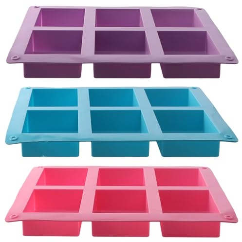 3 Pièces Moule à Savon Rectangulaire en Silicone, 6 Cavités Moule Savon Fait Maison, Doux et Facile à Libérer, Moule Barre de Céréales Carr pour Savon, Gâteaux, Brownie, Muffins (Rose, Bleu, Violet)