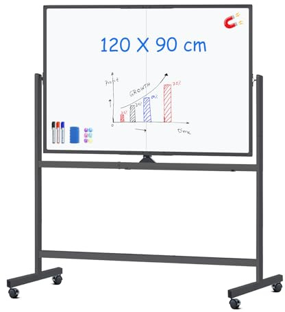 maxtek Pizarra Blanca con Ruedas 120 x 90 cm, Pizarra Magnética Grande de Doble Cara con Marco de Aluminio Negra, con Marcadores, Imanes y Borrador de Pizarra, Pizarra Móvil para Oficina
