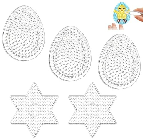 Azlanway Strykpärlor plattor set, 5 stycken plug-in-plattor genomskinliga strykpärlor, 9 x 7 cm äggform och 16 x 14 cm sexkantig stjärna, pennplattor för barn och vuxna, pysseltillbehör för
