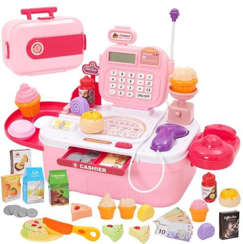 Giocattolo Commerciante Bambini Registratore di cassa Calcolatrice Scanner Bambini con Scanner Grembiule Borsa della spesa Regali di Natale per Ragazzi e Ragazze di età 3+ (Rosa)