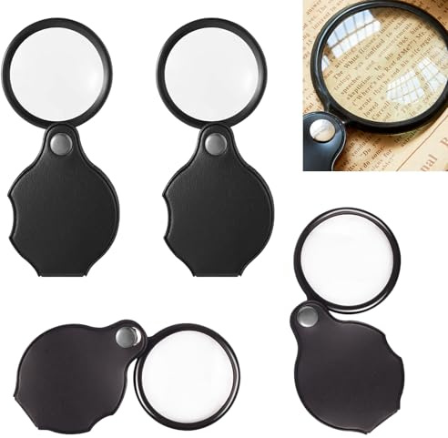 KAIYAYA 4 lupas de bolsillo de 10 aumentos, plegables, pequeñas con funda de piel, pequeñas lupas portátiles, mini lupa, llavero para libros, joyas, mapas, monedas, manualidades, 50 mm
