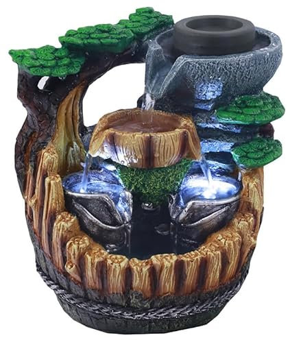 Zen Fuente de interior con luz LED en cascada, de resina con decoración natural, Feng Shui, decoración para meditación, relajación, idea de regalo, 25 cm de alto