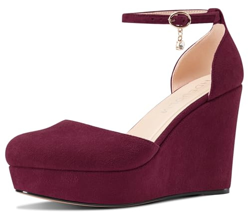 HDEUOLM Womens Wedge Platform Heel Round Toe Pumps Court Shoe Ankle Strap Two-Piece Casual Basic Classic 10 CM Heels Burgundy Red 3 UK