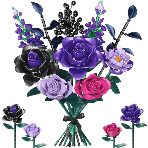 Kit de Construction Bouquet de Fleurs, 701 PCS Flowers Artificielles avec Roses Pourpres et Noires, Cadeau pour Enfants 6+ Noël, Adultes pour Lui ou Elle Saint-Valentin Fête des Mères Anniversaire