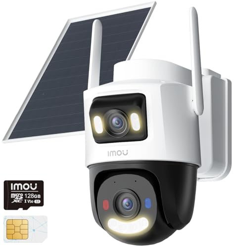 Imou 10MP(5MP+5MP) Telecamera Pannello Solare 8W con Doppia Lente, Telecamera Wi-Fi Esterno 4G con SIM Card, AOV Registrazione 24/7, Rilevamento Umano/Veicoli, 10000mAh Batteria, Micro SD 128GB, IP65