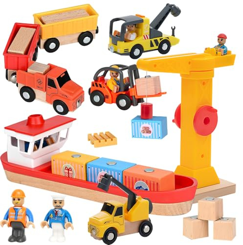 CLIUNT Wooden Construction Toys for Boys, Magnetic Port Transport Scene Set - Boat, Tower Crane, Dump Truck, Trailer & Forklift, Boys Toys Gift for Kids Toddler