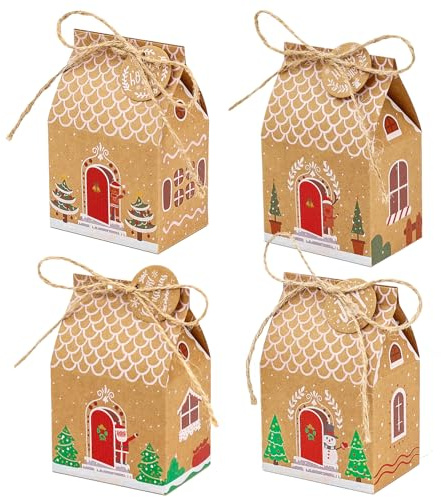 Ssyuysto 24 scatole regalo di Natale a forma di casa di pan di zenzero, scatole per dolcetti, caramelle, biscotti, bomboniere, regali per bambini in classe, fai da te, confezione per la casa di pan di