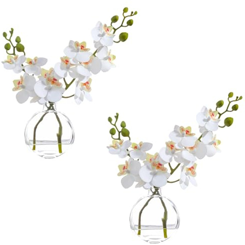 ucky 2 Pcs White Fake Orchid Faux Flowers in Vase with Clear Glass Vase Artificial Flowers with Fake Water Dining Table Centerpiece Decor Room Decor