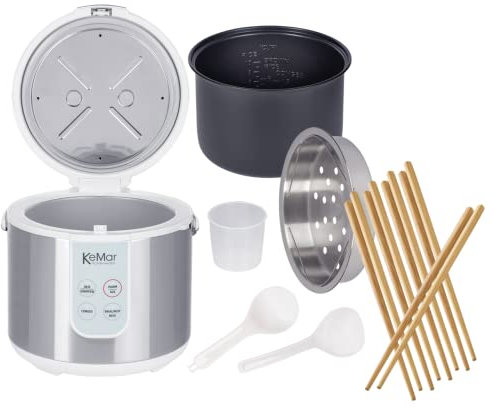 KeMar Reiskocher +GRATIS Essstäbchen (700W, 1,8l, Edelstahl) Brauner Reis, Naturreis - Keramik Beschichtung - Edelstahl Dämpfer, dampfgaren Gemüse und Fisch, Warmhaltefunktion, 4 Programme, KRC-130