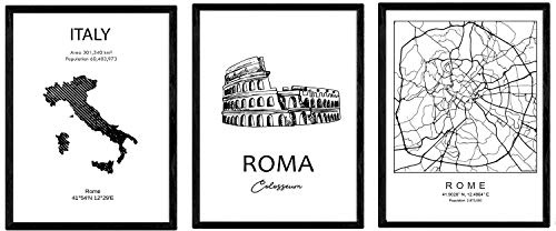 Nacnic Pack de posters de paises y monumentos. Mapa ciudad de Roma, monumento Coliseo y mapa Italia. Tamaño A4