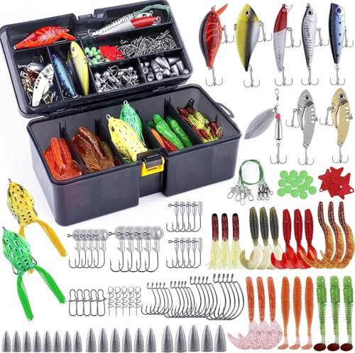 PLUSINNO Kunstköder Set 210 Stück Angelkoffer mit zubehör Spinnköder Angelköder Set für Raubfischen Hecht Zander, mit VIB/Wobbler/Haken/Wirbel/Sinker/Bleistift/Gummiwürmer/Vorfach usw.