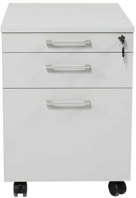 furni24 Rollcontainer, abschließbarer Aktenschrank mit Schubladen, Büroschrank mit Rollen, für Akten und Dokumente, fürs Büro, Schreibtischcontainer Holz, 3 Schübe Grau, 43x59x57h