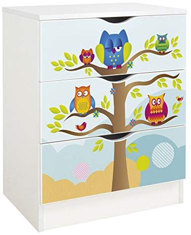 Leomark Weiß Kommode mit 3 Schubladen - Roma - Möbel für Kinderzimmer aus Holz, Skandinavischer Stil, Dim: 60x42x78 (Höhe) cm (Eulen)