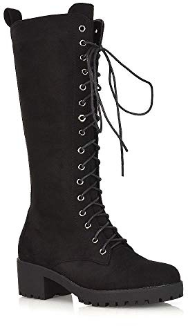 ESSEX GLAM Womens Knee High Boots Ladies Lace Up Chunky Sole Low Heel Casual Biker Combat Size 3-8