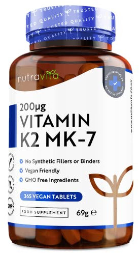 Vitamine K2 MK-7 200mcg - 365 micro-comprimés végétaliens (pas de gélules) - Contribue au maintien d'une ossature normale - Ménaquinone MK7 très puissante - Nutravita