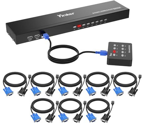 Yinker VGA KVM 8 Porte, USB VGA Rackmount KVM + 8 cavi KVM + 4 Hub USB + Selettore Desktop cablato + Orecchie per montaggio su rack