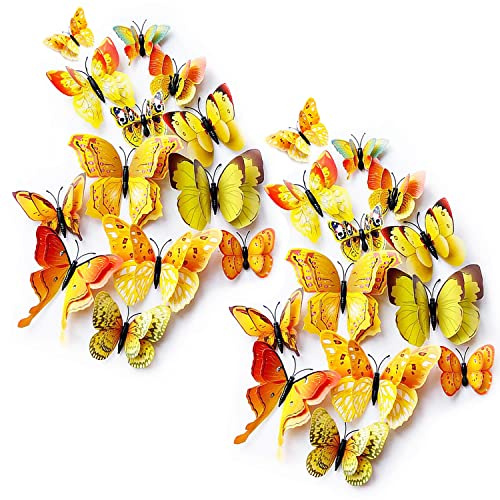 24 Pegatinas De Pared De Mariposa, Alas Dobles, Color Amarillo, Decoración De Mariposas De Arte 3D, 3 Tamaños, Pegatinas De Pared De Mariposa Para Decoración De Pared De Dormitorio, Fiesta, Boda