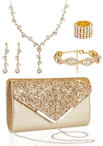 Henoyso 5 Pcs Purse Rhinestone Jewelry Set Prom Jewelry Rhinestone Clutch Purse Necklace Earrings Bracelets for Women Bride(Gold)