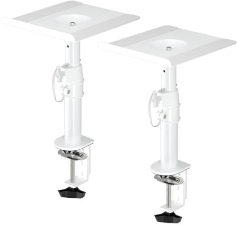 suptek Soporte Altavoces Pie, Soporte Altavoz Universal para Barra de Sonido de Ordenador y Altavoces de Estantería, Giratorio & Inclinable, Paquete de 2, Máx. 15KG, Blanco(SDM001W)