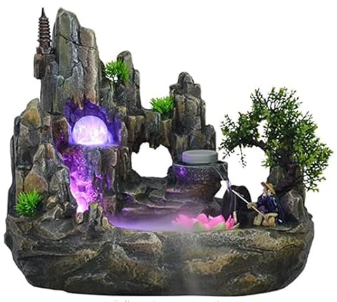 Fontana da interni con illuminazione a LED, fontana da tavolo a cascata con nebbia, cascata per interni, in pietra, per casa, camera da letto, scrivania, decorazione 30 x 18 x 26 cm