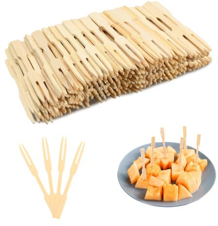 160 pezzi Forchette da Frutta a Due Denti, Forchetta in Bambù, Bamboo Cocktail Forks, Forchette da Cocktail, Forchette Monouso in Legno per Feste, Banchetti, Catering, Buffet e Vita Quotidiana