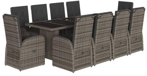 Gecheer 11-TLG. Polyrattan Sitzgruppe, Garten Essgruppe 10 Personen, Rattan Gartenmöbel Set, Balkon Möbel, Rattan Lounge Möbel Outdoor, Terrassenmöbel Set, Sitzgarnitur Gartengarnitur, Kissen, Grau