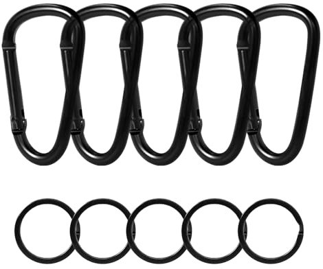 Ahysuet 5 Stück Karabinerhaken schwarz + 5 Stück Schlüsselanhänger Rund, Karabiner Schwarz Set Haken D-Clip für Campin Ausflüge Wandern Reisen Innen-Außengebrauch Usw