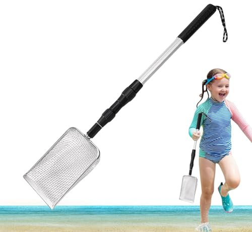 Setaccio regolabile per sabbia da spiaggia, manico lungo per raccogliere tesori da spiaggia, paletta per denti di squalo in metallo con 56,7-106 cm per un facile recupero di rocce e conchiglie