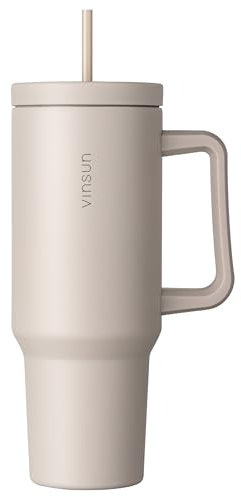 VINSUN Mug Isotherme avec Paille et Poignée 1200ml - Acier Inoxydable, Double Paroi Isolée, Boissons Chaudes et Froides, Sans BPA - Tasse Isotherme pour Voyage, Voiture