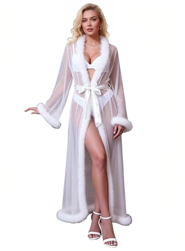sunshinelady Femme Peignoir Long Fausse Fourrure Resille Ouverte Devant | Sexy Robe de Chambre,Kimono NuisetteGrande Taille, Babydoll avec Ceinture