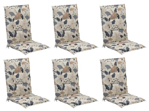 Home4You 6er Set Mittellehner-Stuhlauflagen in Creme und Blau – Gartenstuhlauflage 108 x 50 x 6 cm – Polyester & Baumwolle – Mit seitlichen Bindekordeln – Gefertigt in Deutschland