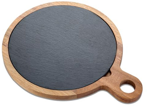 LiWiBet Servierbrett aus Akazienholz mit Schieferplatte, Schneidbrett Holz mit Griffe 31 x 25 cm, Holzbrett Servierplatte Rund für Steak, Käse, Sushi, Perfekt als Steakbrett
