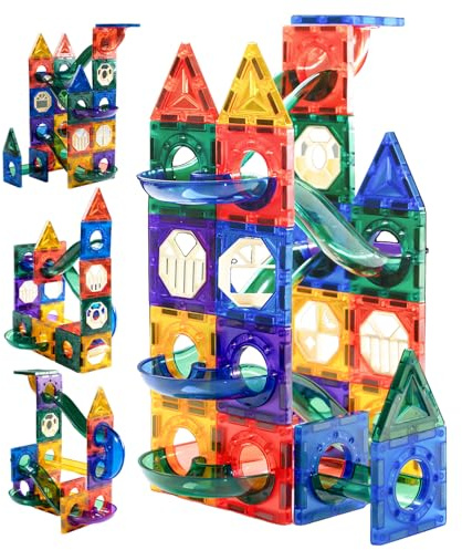 LARCIVELLE Magnetbausteine Kugelbahn in Regenbogenfarben mit 60 Teilen, Kleine 6 cm Größe, Lernspielzeug für Kinder von 3-8 Jahren BMGENB01D