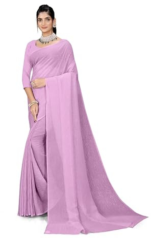 ETHNICMODE indien Sari For femme Plain Zari Chiffon Light Weight Party Wear Light Purple Saree With Unstitched Blouse Piece-1241