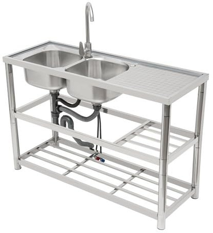 LKHDONG Lavello da cucina indipendente in acciaio inox, 2 vasche a 3 livelli, con rubinetto freddo e caldo, in acciaio inox commerciale per ristorante, accessori inclusi 120 x 45 x 80 cm